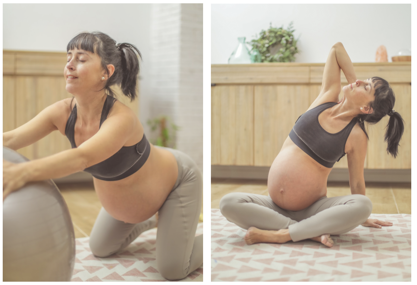 conjunto de ejercicios de fit ball para mujeres embarazadas. chica  embarazada sin rostro haciendo ejercicios de